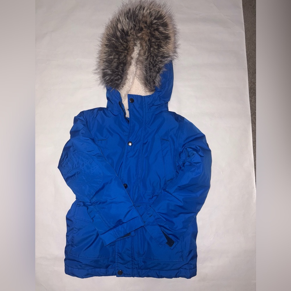 Lands' End Blue Puffer Jacket with Faux Fur Hood